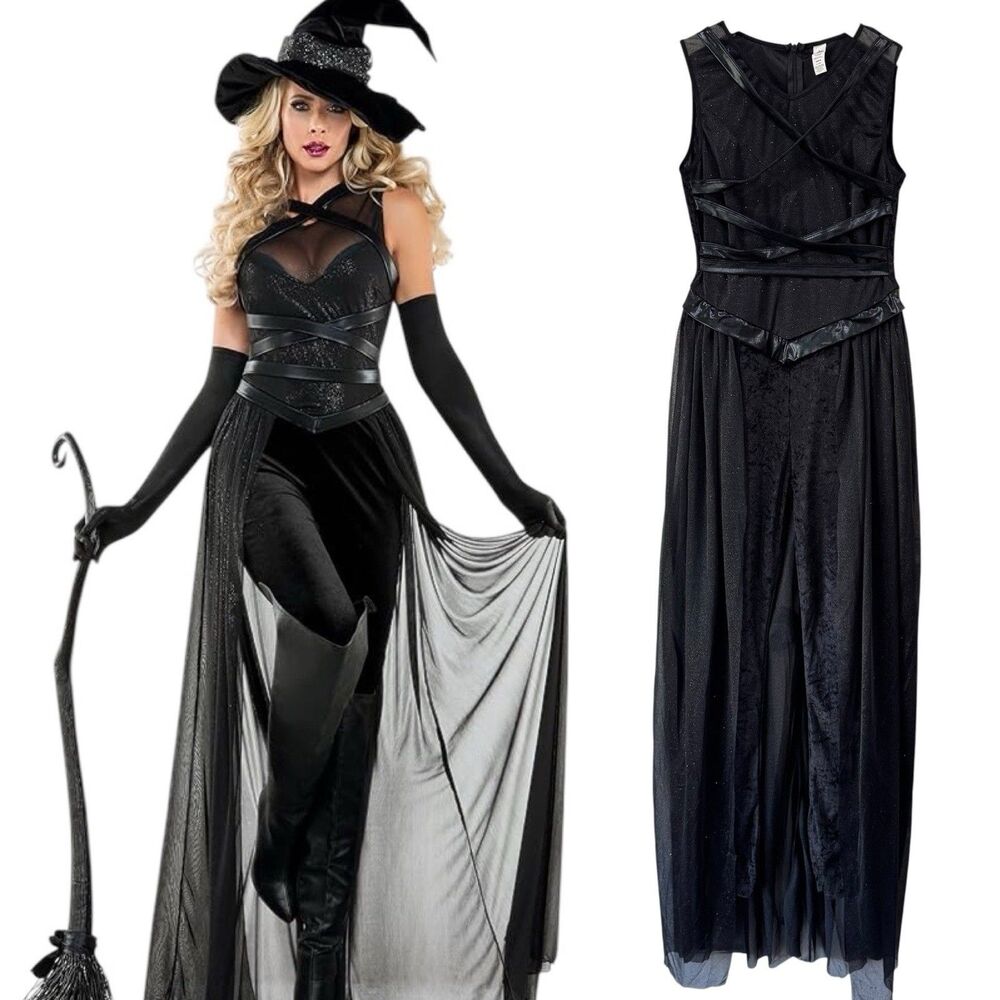 STARLINE Raven Witch Costume Jumpsuit Glitter Mesh Velvet Pant No Accessories